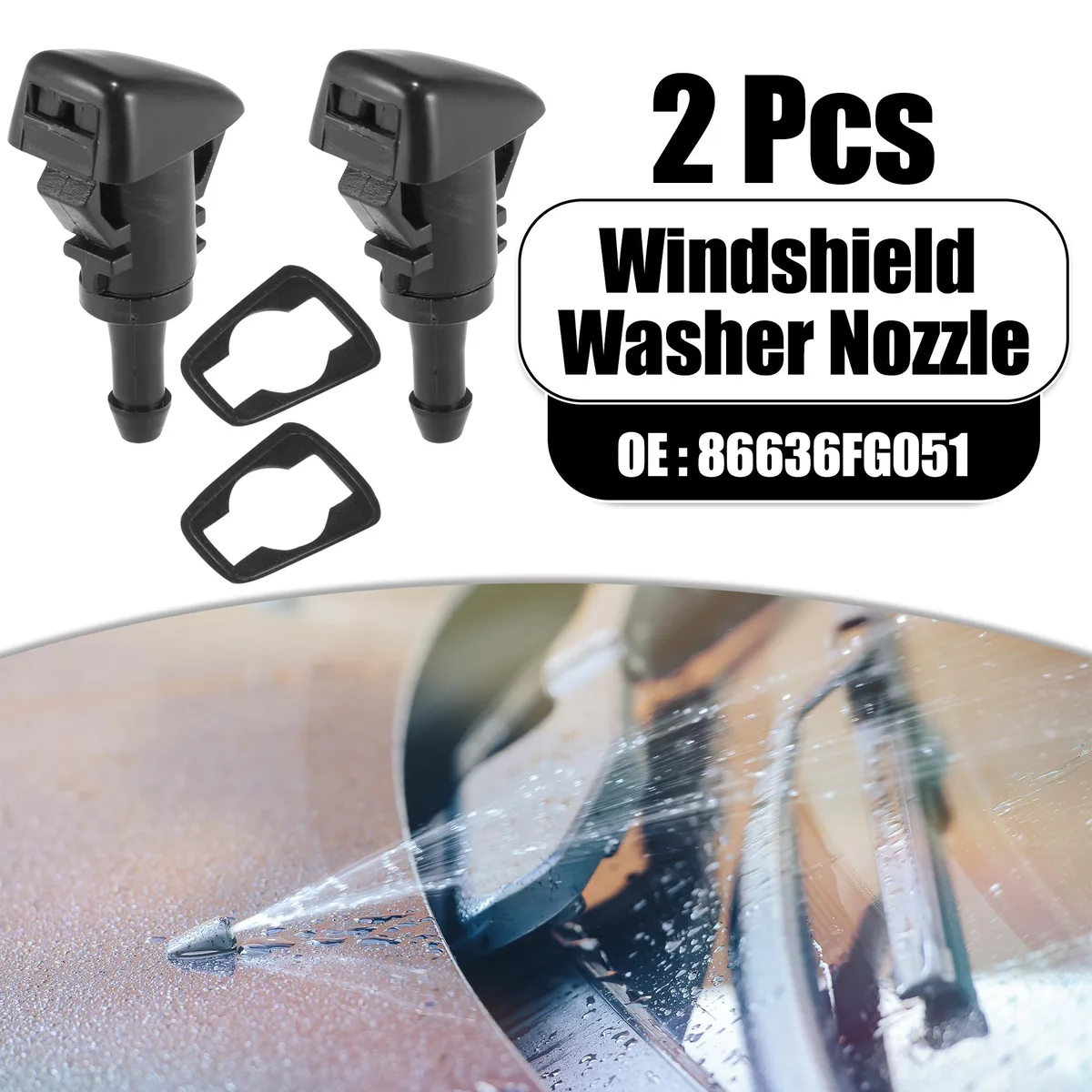 Two black plastic front washer nozzles with gaskets for Subaru Impreza