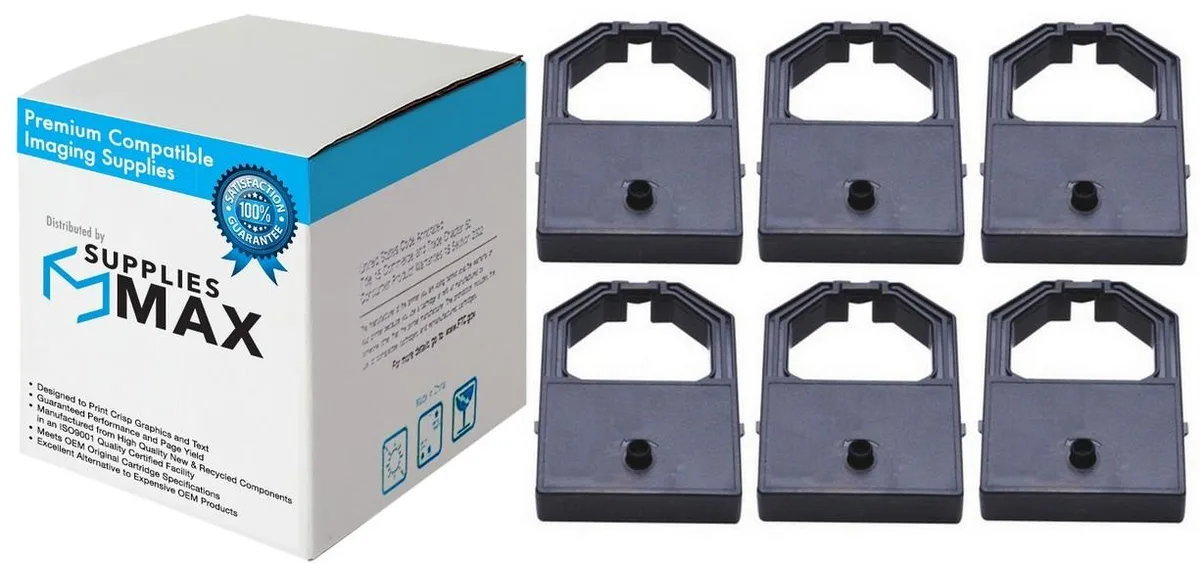 Six black printer ribbons in a rectangular pack