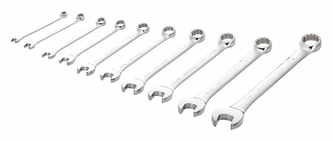 Ten chrome combination wrenches in a canvas pouch, offset heads