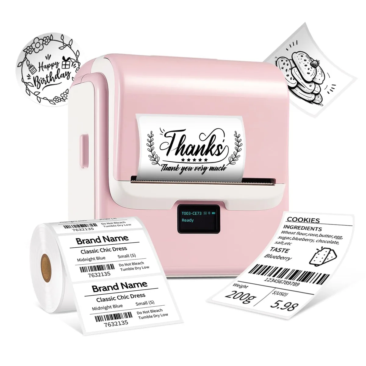 Pink portable thermal label printer with LED screen and roll of adhesive labels visible