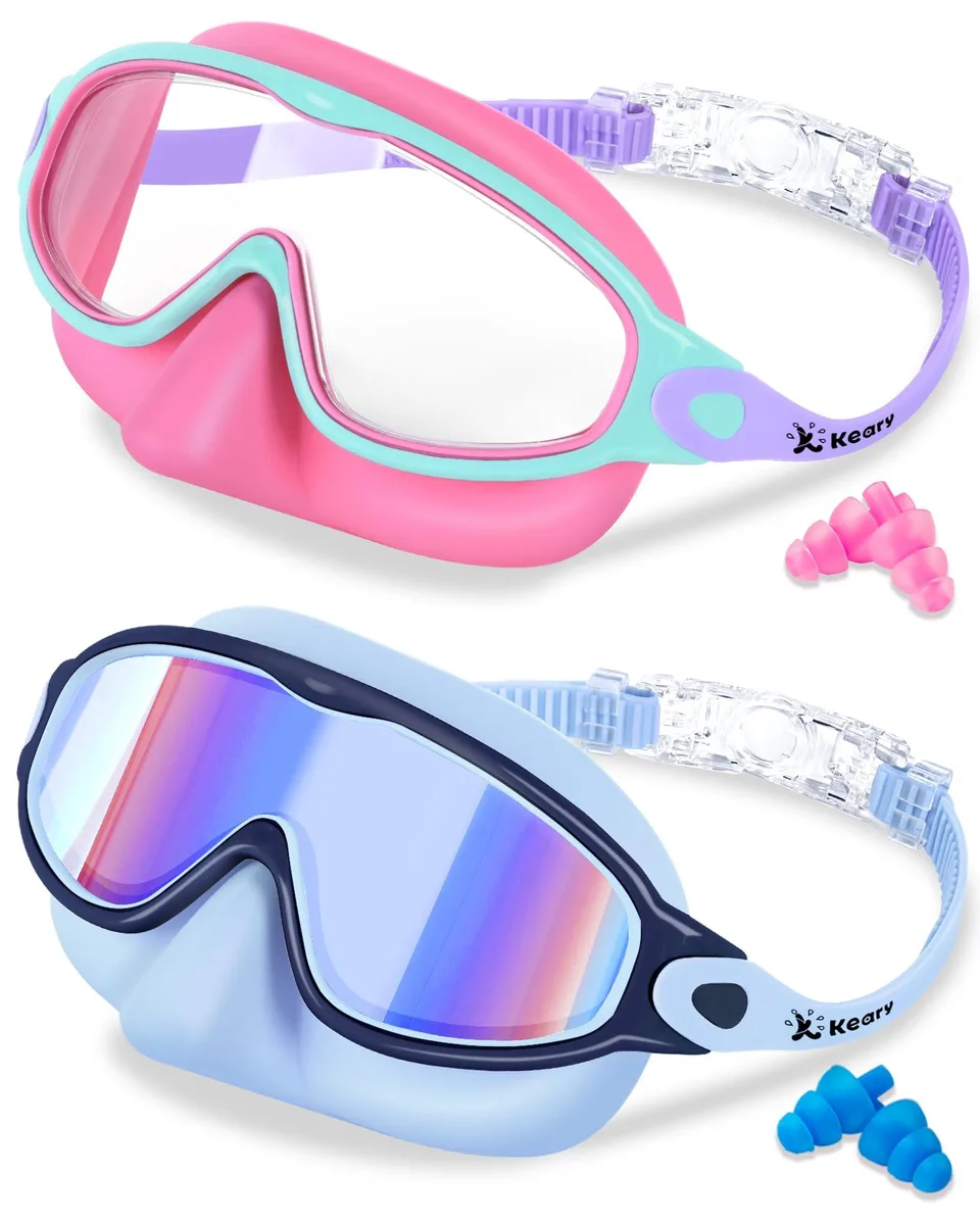 Two pairs of blue kids swimming goggles with nose covers