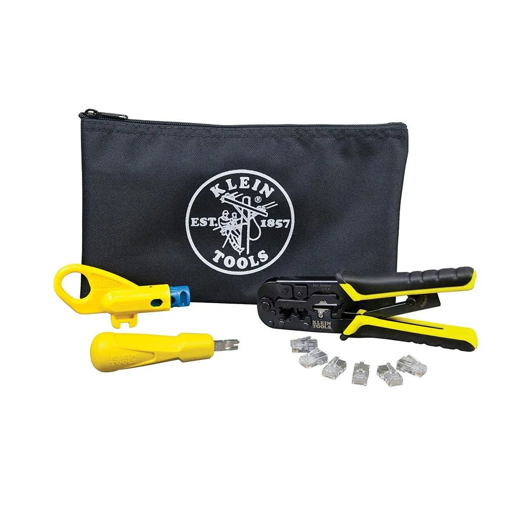 Red zippered pouch containing coax crimp tool, cable cutter, stripper and F connectors