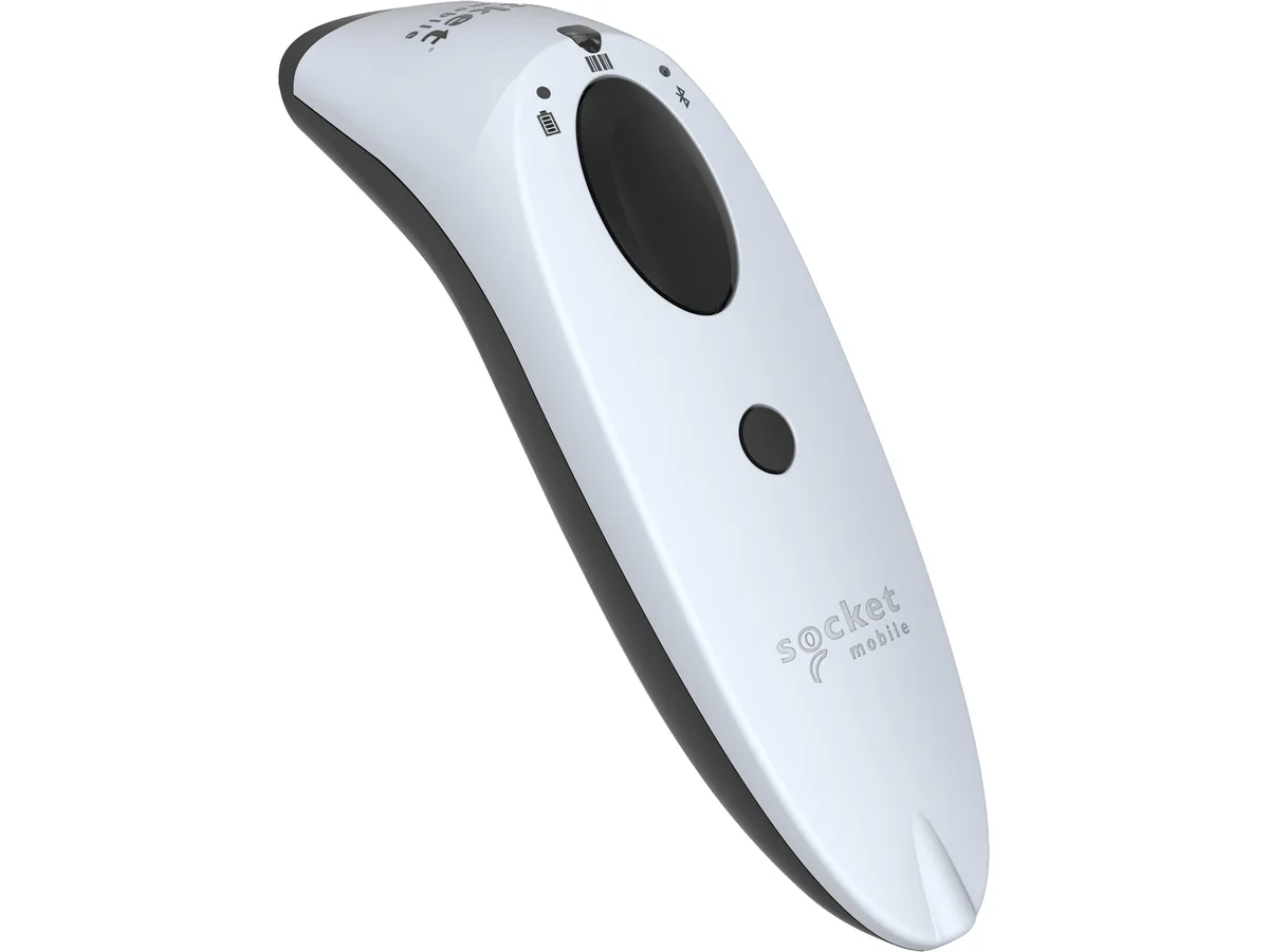 White handheld 2D barcode scanner with curved grip