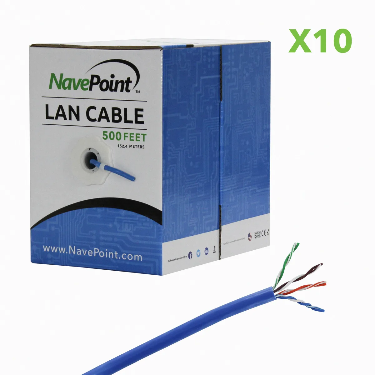 NavePoint NavePoint CAT5e UTP CCA bulk network ethernet cable 10 pack 500 ft blue — product photo