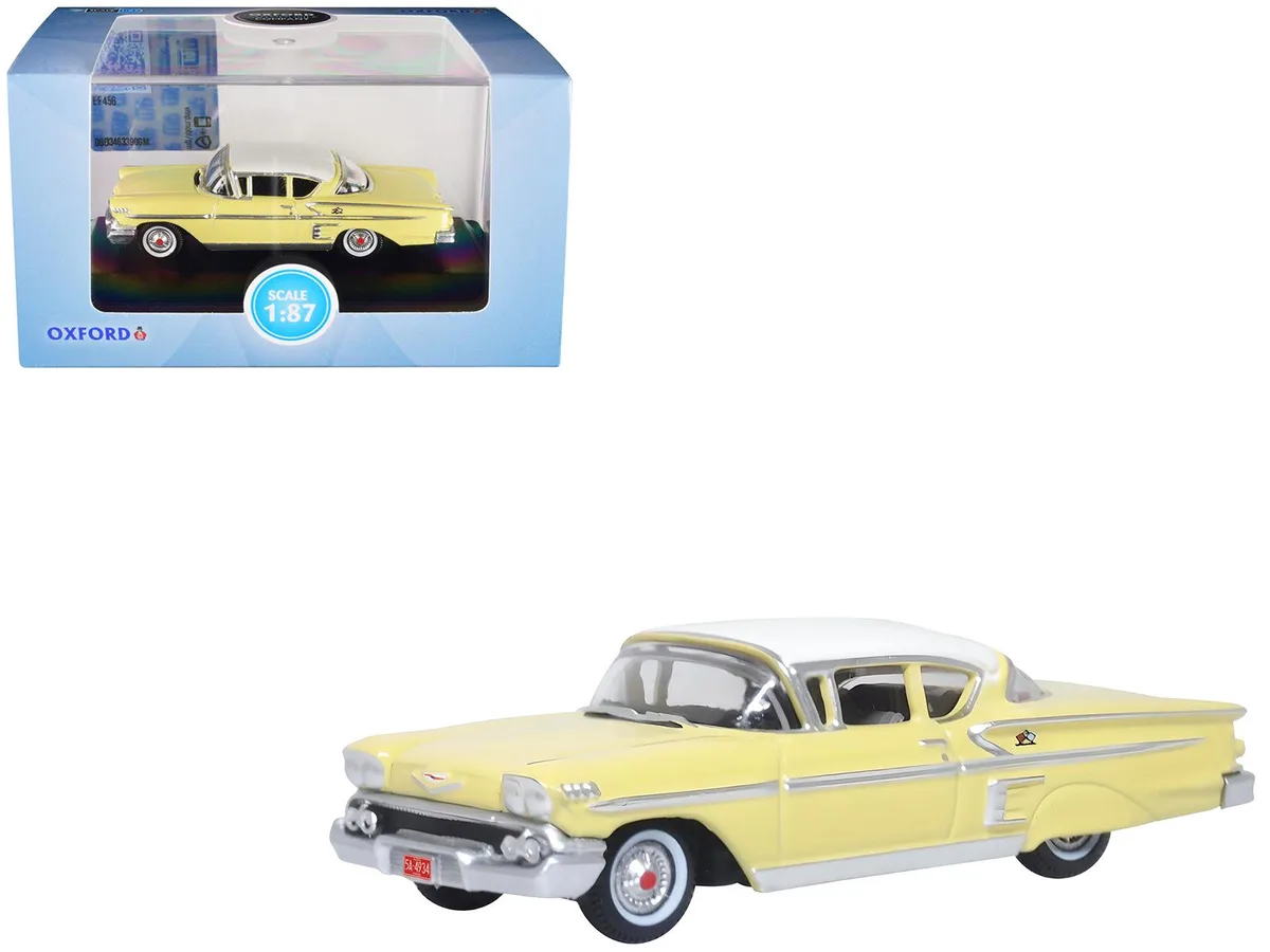 Oxford Diecast Oxford Diecast 1958 Chevrolet Impala Sport Colonial Cream Snowcrest White Top 1/87 HO Scale Diecast Car — product photo
