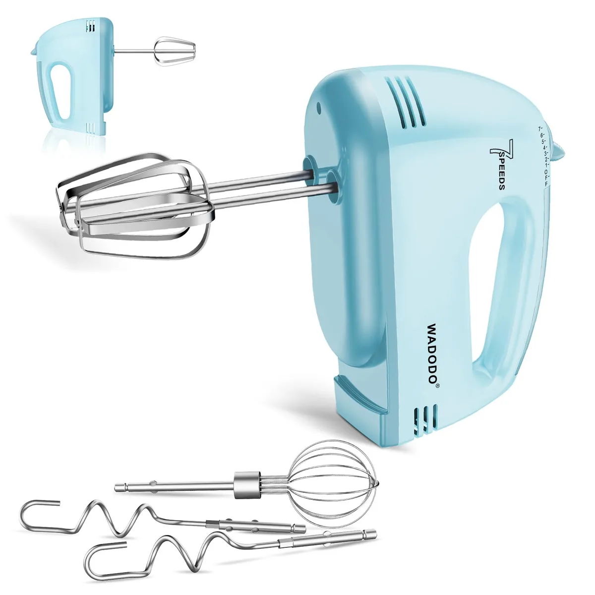  7-Speed Electric Hand Mixer Blue 304 Stainless Steel Attachments — product photo