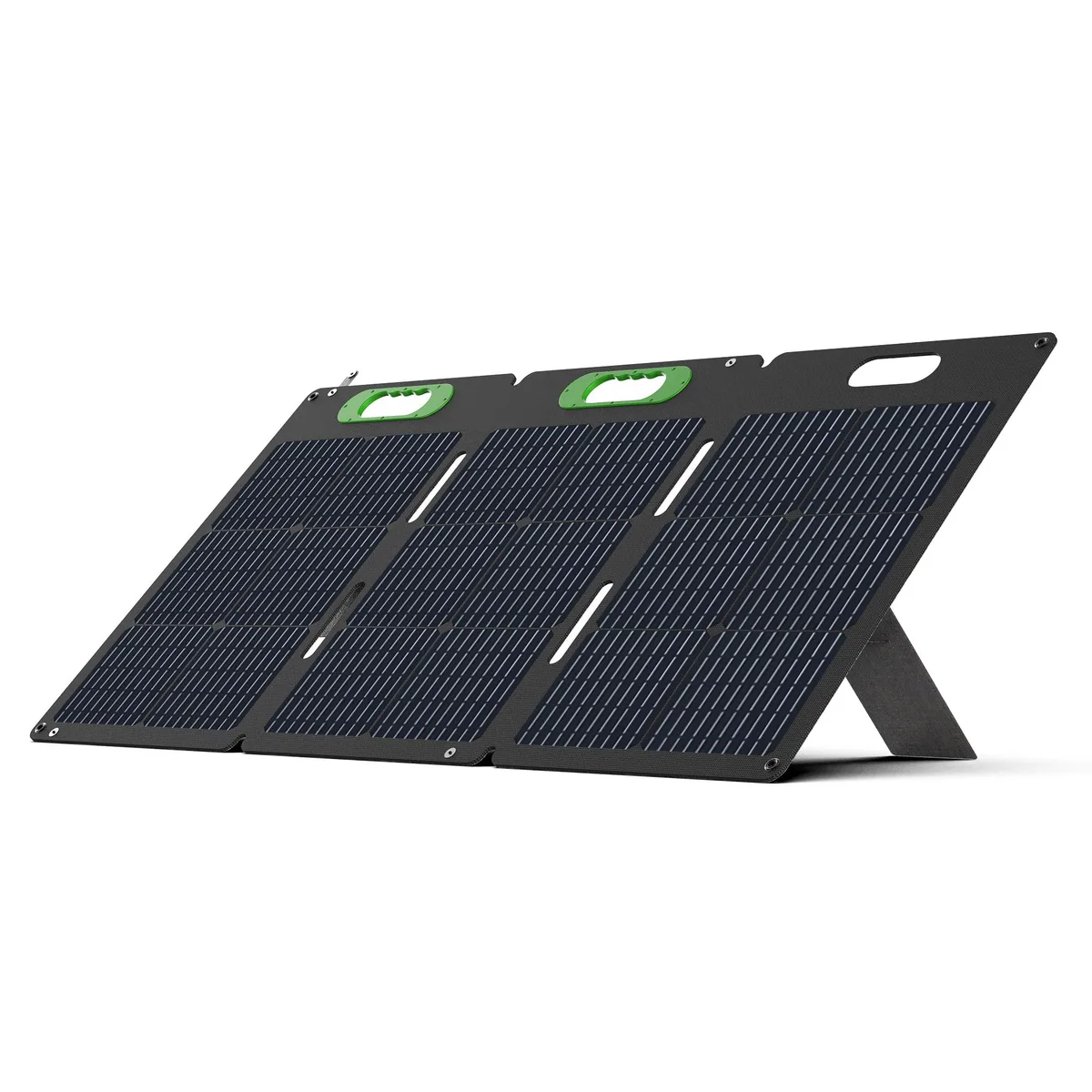 Folded rectangular panel, dark blue cells, black fabric edges, carry handle visible