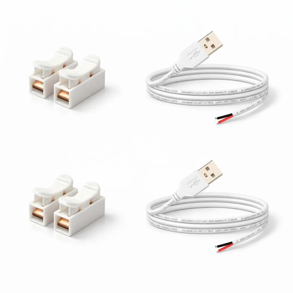 Two white USB pigtail cables with bare wire ends and included wire connectors, 3.28 ft each