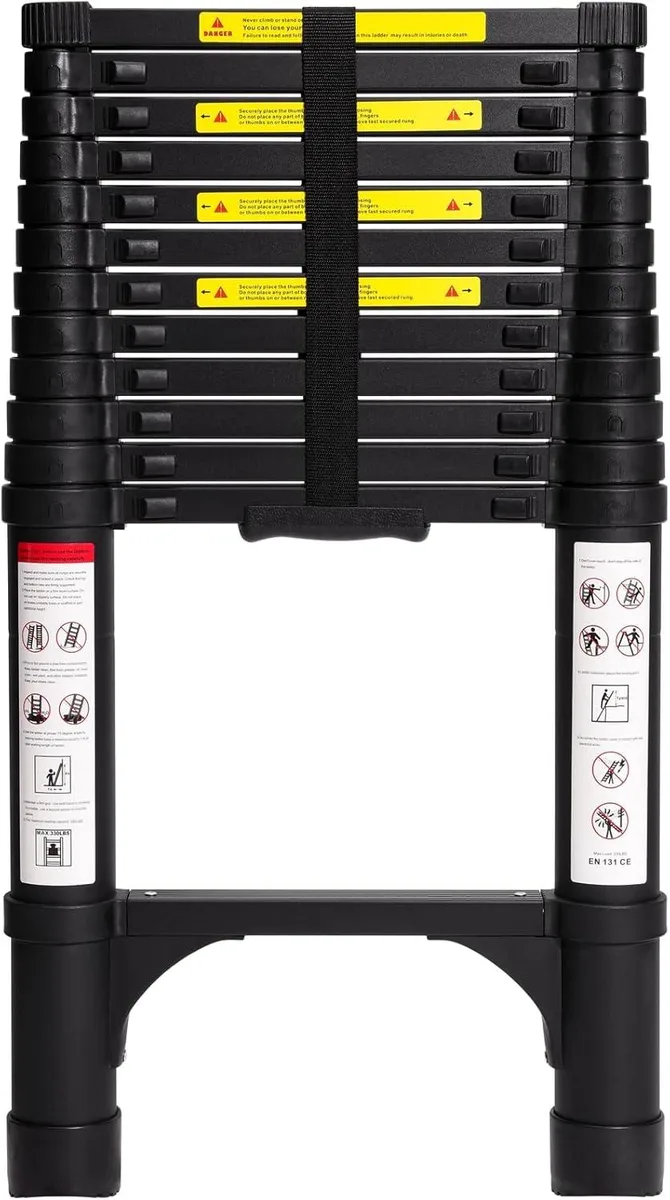 Black aluminum telescoping ladder 12.5 ft with two triangle stabilizers