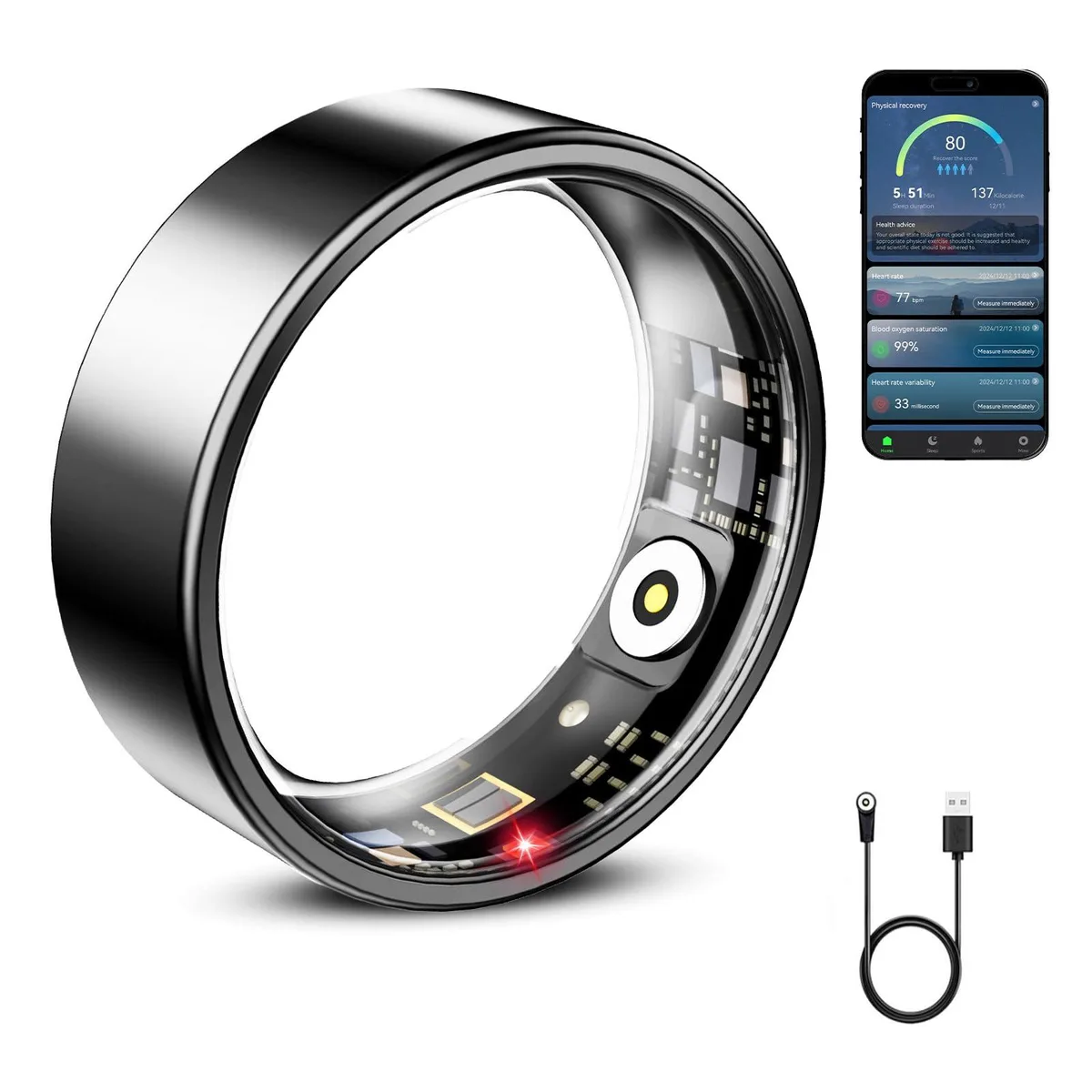 Black smart ring with a 1.04 inch display and charging cable