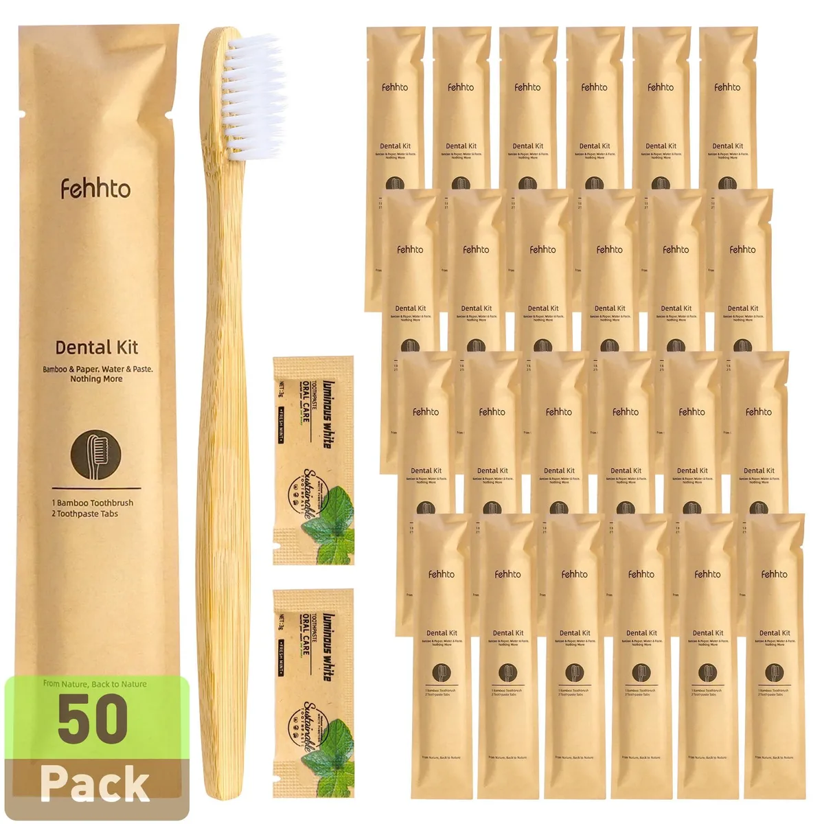 Fifty individually wrapped bamboo toothbrushes with 6g toothpaste tubes, natural brown finish