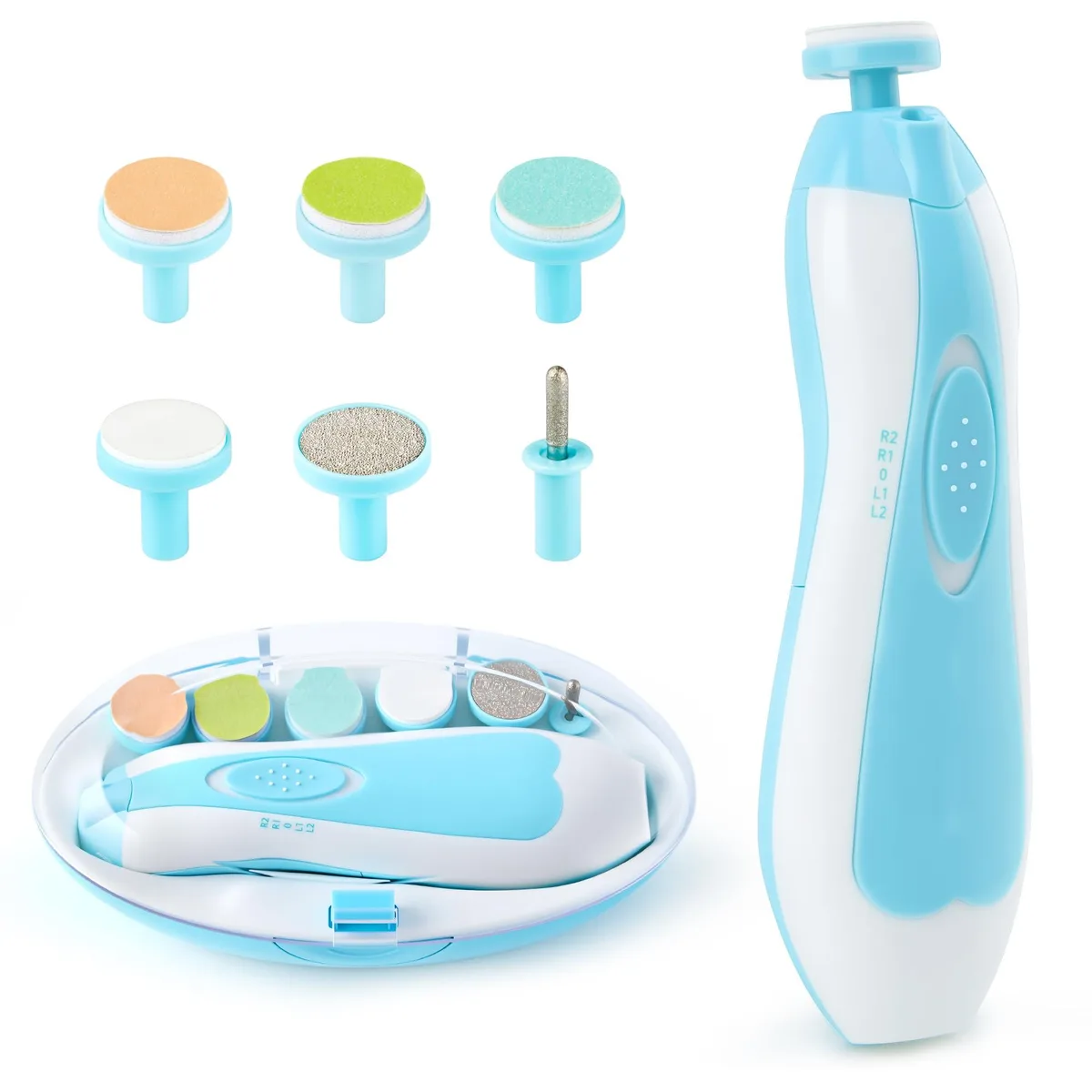 Blue compact electric nail trimmer with LED light and rounded grinding head