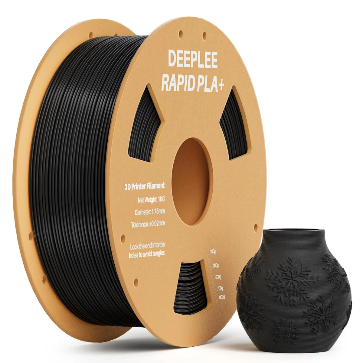 Black 1.75 mm PLA+ filament on a cardboard spool