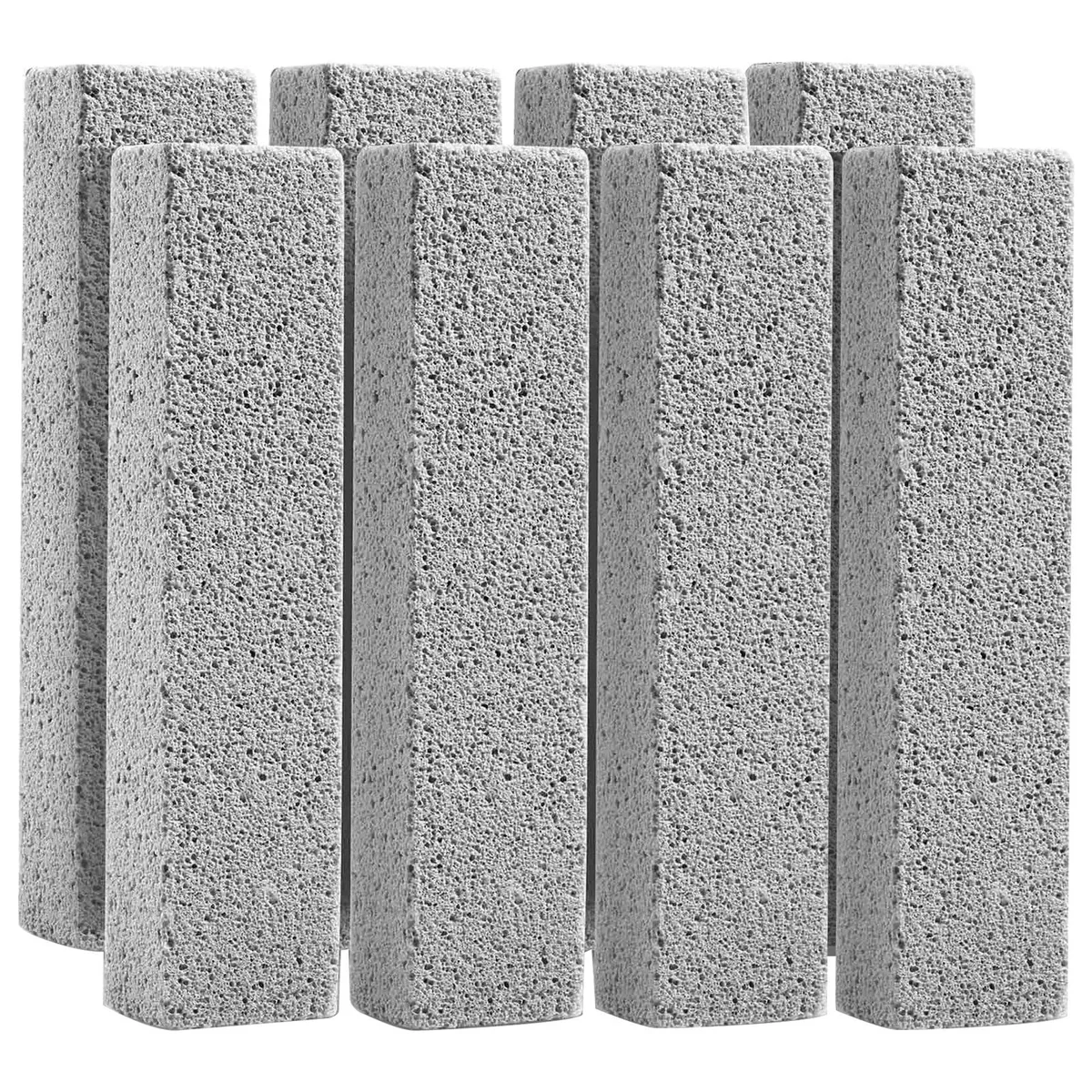 Eight gray pumice cleaning stones, rectangular with rounded edges, each about 5.9 by 1.4 by .9 inches