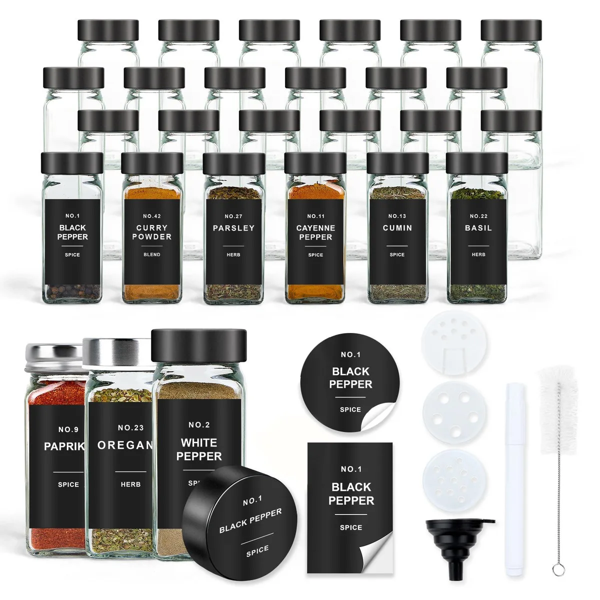 Twenty-four clear square glass jars with black lids arranged in rows
