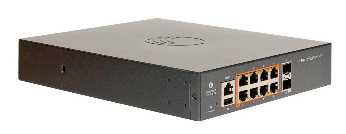 Cambium Networks Cambium Networks MX-EX1010PxA-1 network switch 8 PoE+ 75W 2 SFP 20 Gbps 512 MB DRAM 128 MB flash — product photo