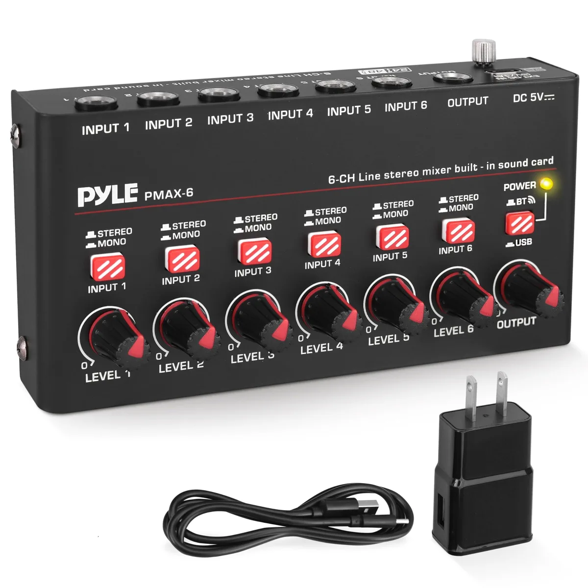 Pyle PMAX6 6-Channel Bluetooth 5 Mini Line Mixer with USB Audio Interface — product photo