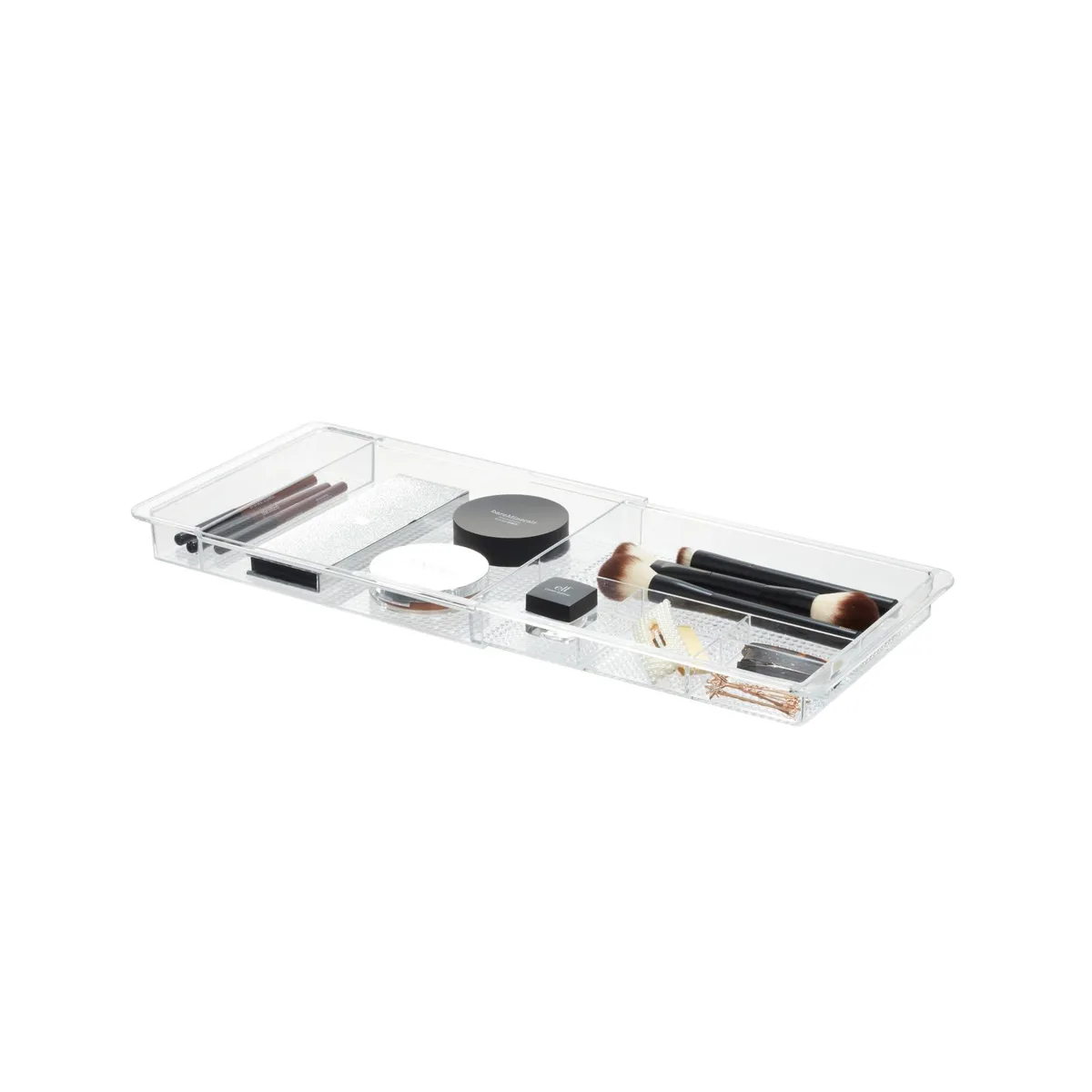 Clear plastic expandable drawer organizer with multiple compartments, black finish, freestanding design