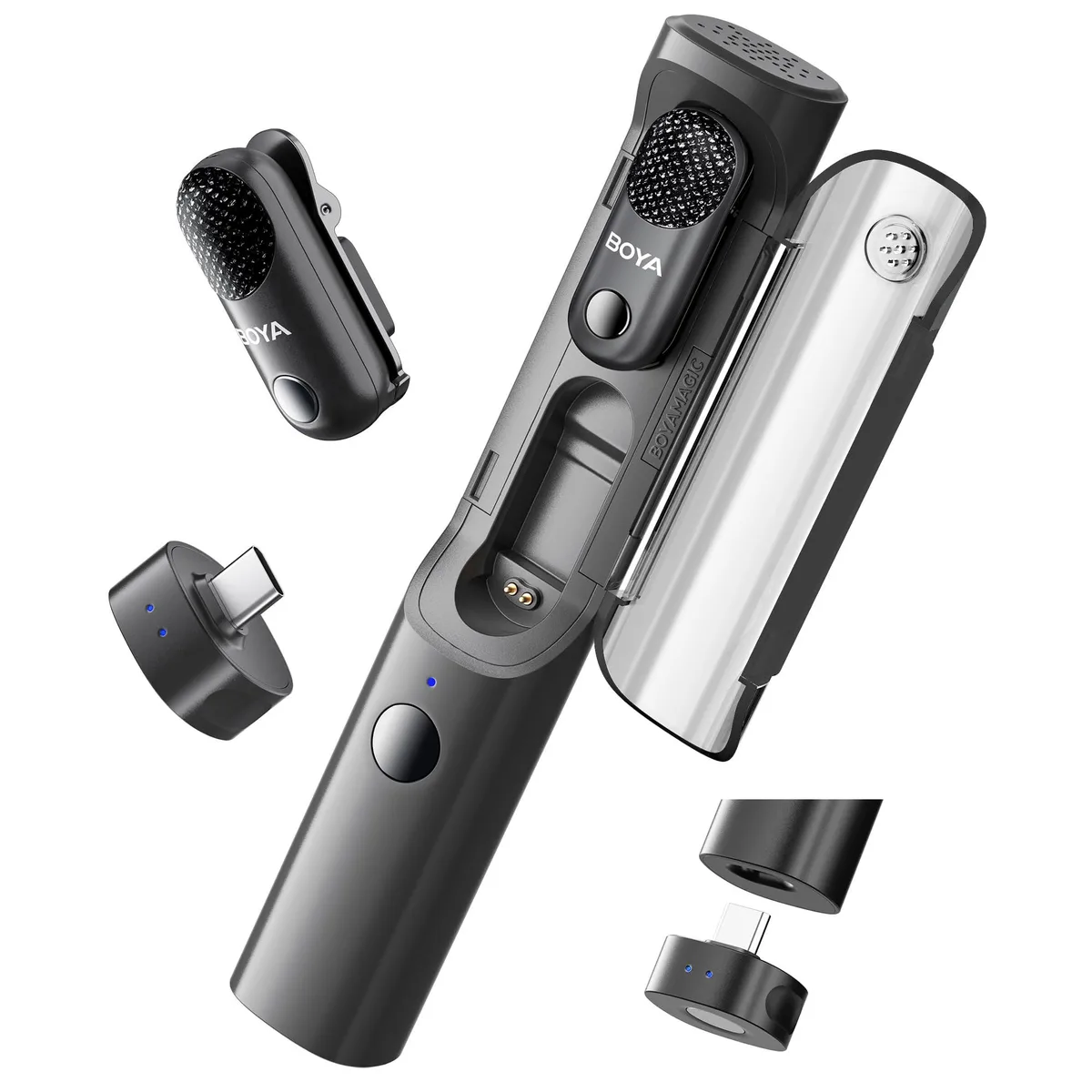 Tiny clip-on mic and USB-C receiver in matte black finish