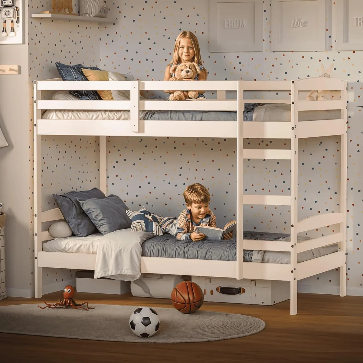 White pine twin-over-twin bunk bed with guardrails and ladder