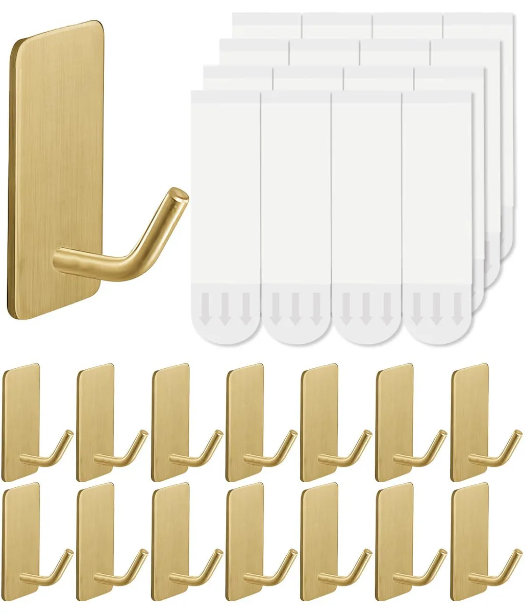 Fourteen gold stainless steel adhesive hooks with removable strips