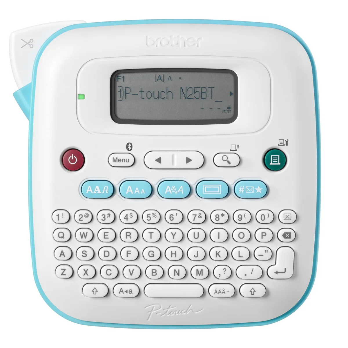 Compact white handheld label printer with QWERTY keyboard and LCD screen