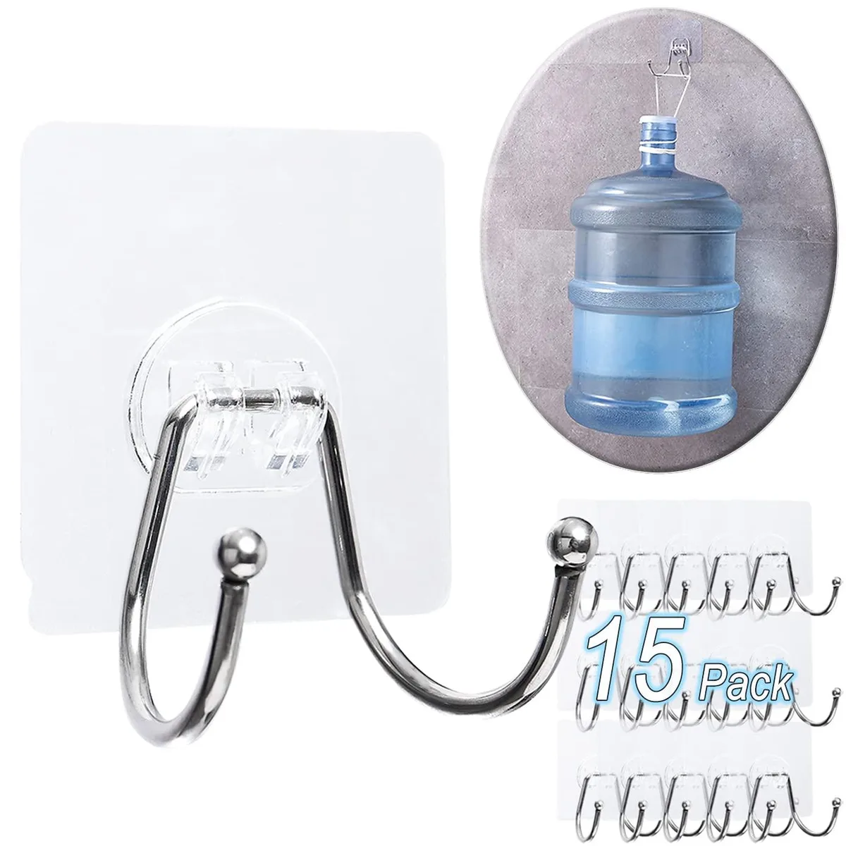 Fifteen clear double hooks with stainless steel ball heads and adhesive pads