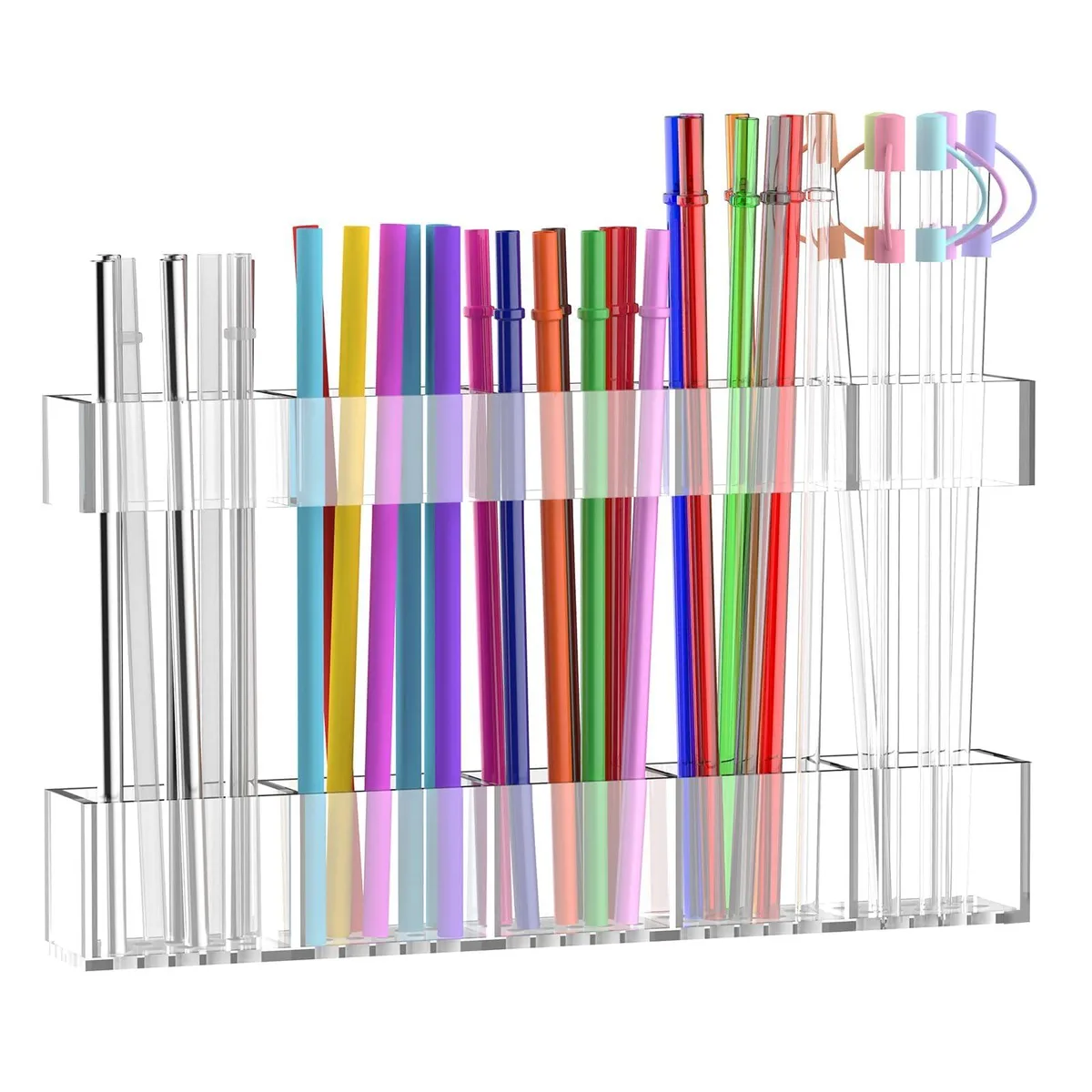 Clear acrylic two-part straw holder with five vertical compartments and drainage holes