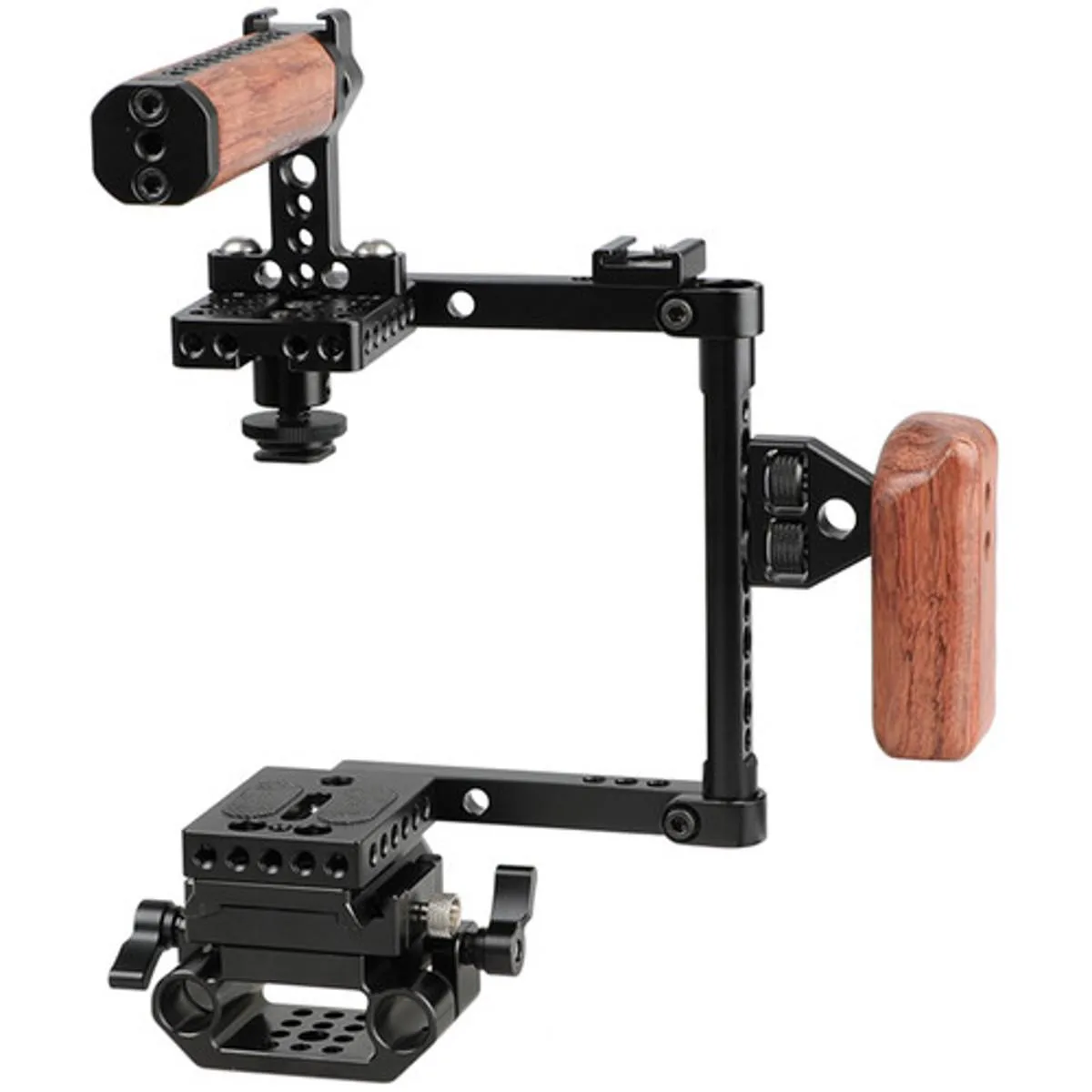 Aluminium camera cage kit with right-hand wooden handle and quick-release baseplate