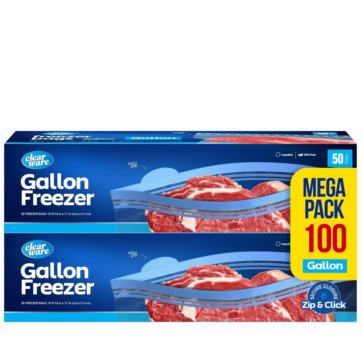Two boxes of clear gallon freezer bags with zipper seals, 100 count each