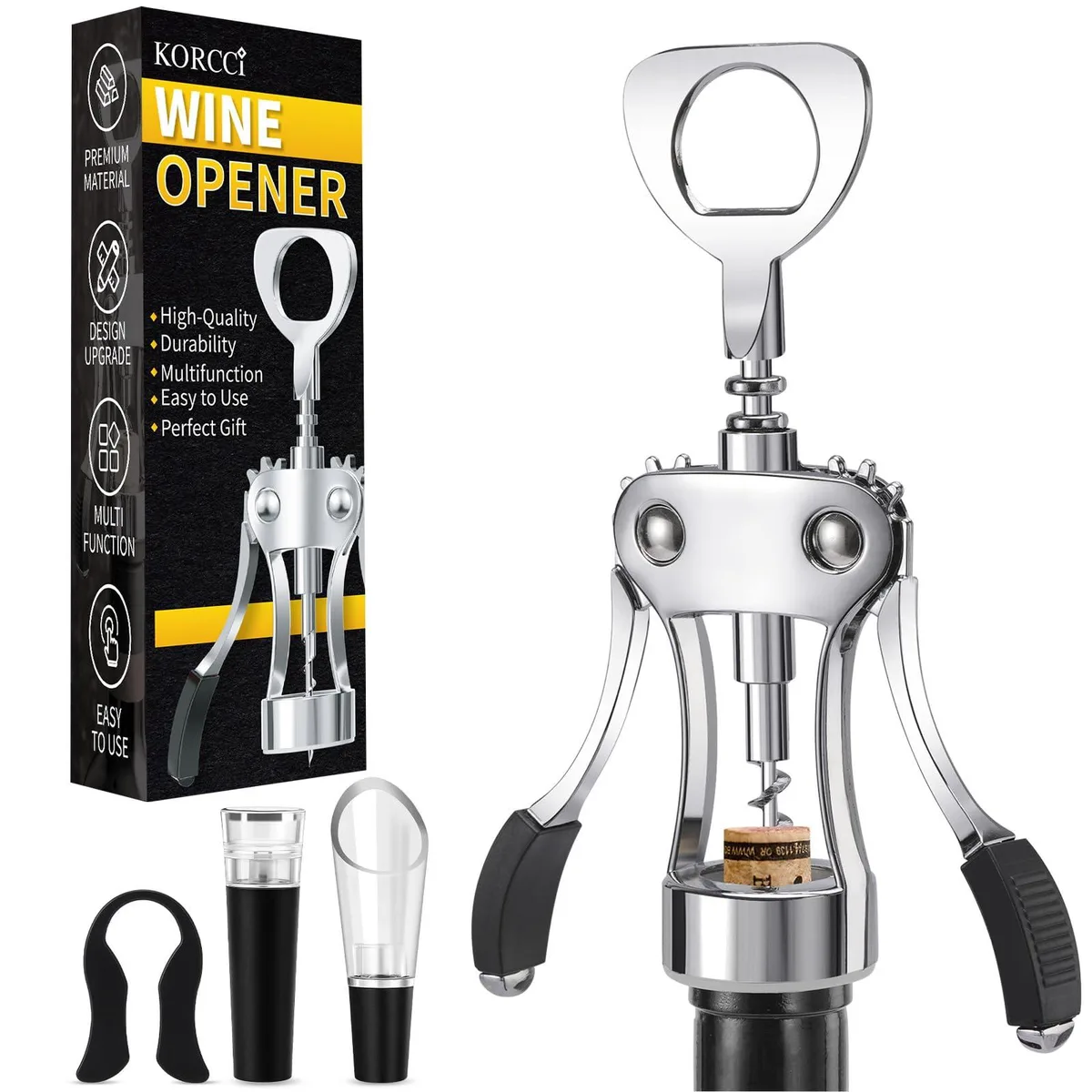 Silver zinc-alloy wing corkscrew set with foil cutter, vacuum stopper and aerator pourer