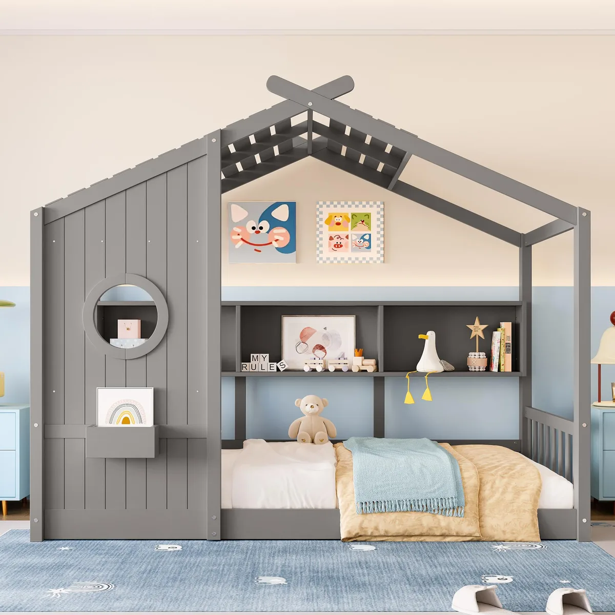 Gray wooden twin floor house bed with roof frame and side storage shelf