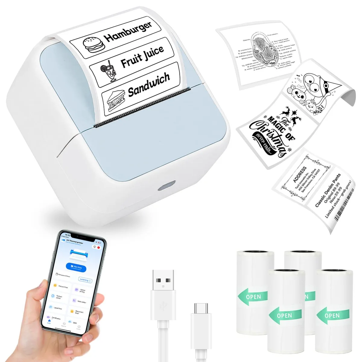 Compact white square thermal label printer with rounded edges, 57 mm wide, 145 grams