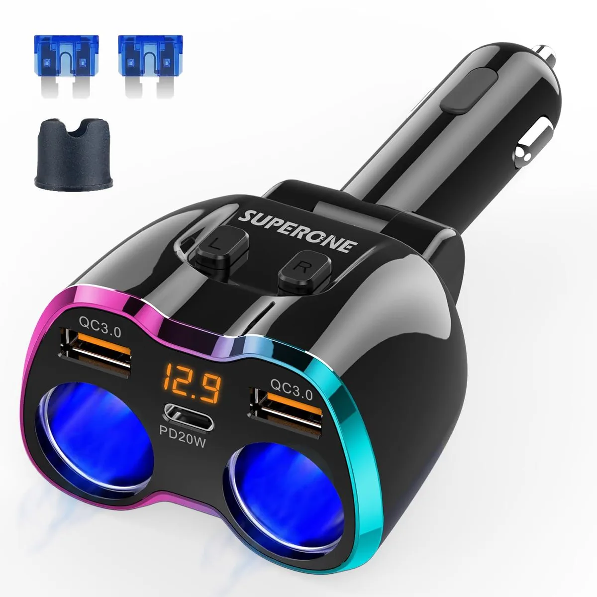  TESSAN 2025 Upgraded 180W 2-Socket Cigarette Lighter Splitter with 20W PD &amp; QC3.0 — product photo