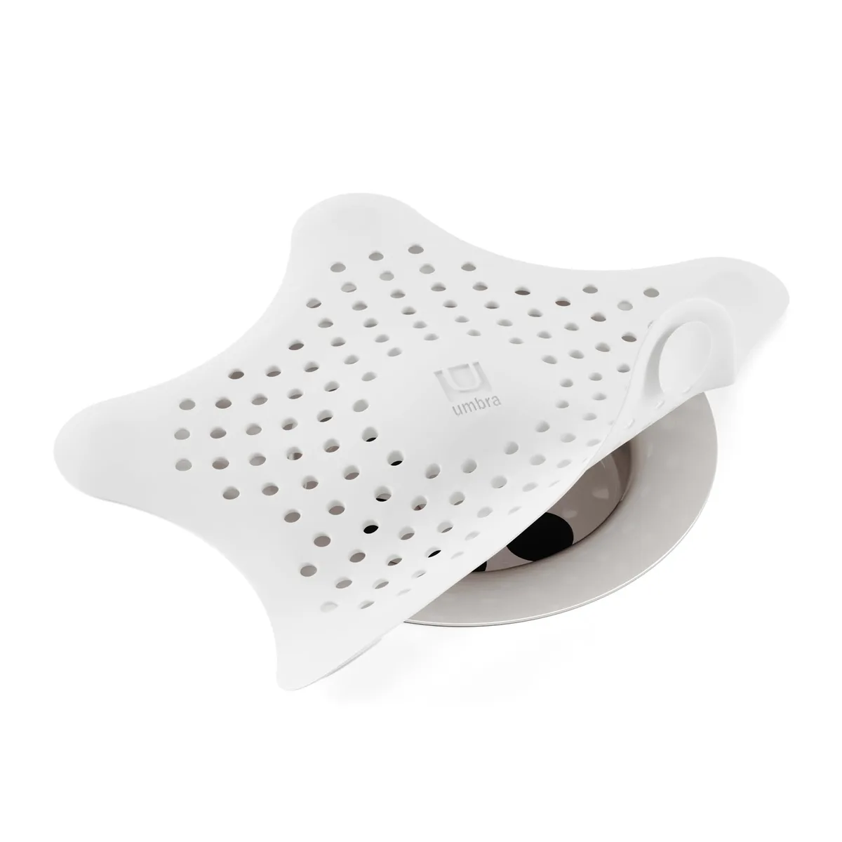 White silicone starfish drain cover with five suction cups, six inches diameter