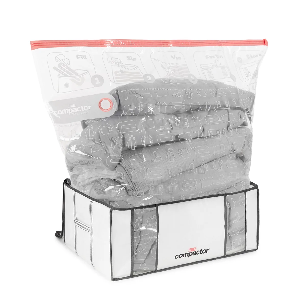 White semi-rigid box with vacuum storage bag, stackable XXL organiser