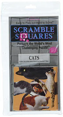Nine illustrated square puzzle pieces forming a cat design