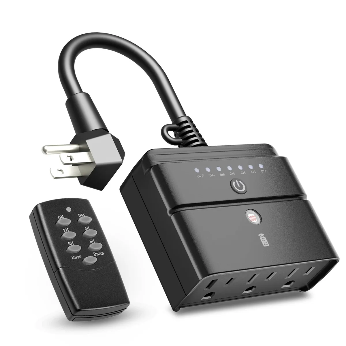 Black weatherproof outdoor timer with three grounded outlets and a remote control, 5 by 4.5 by 1.7 inches