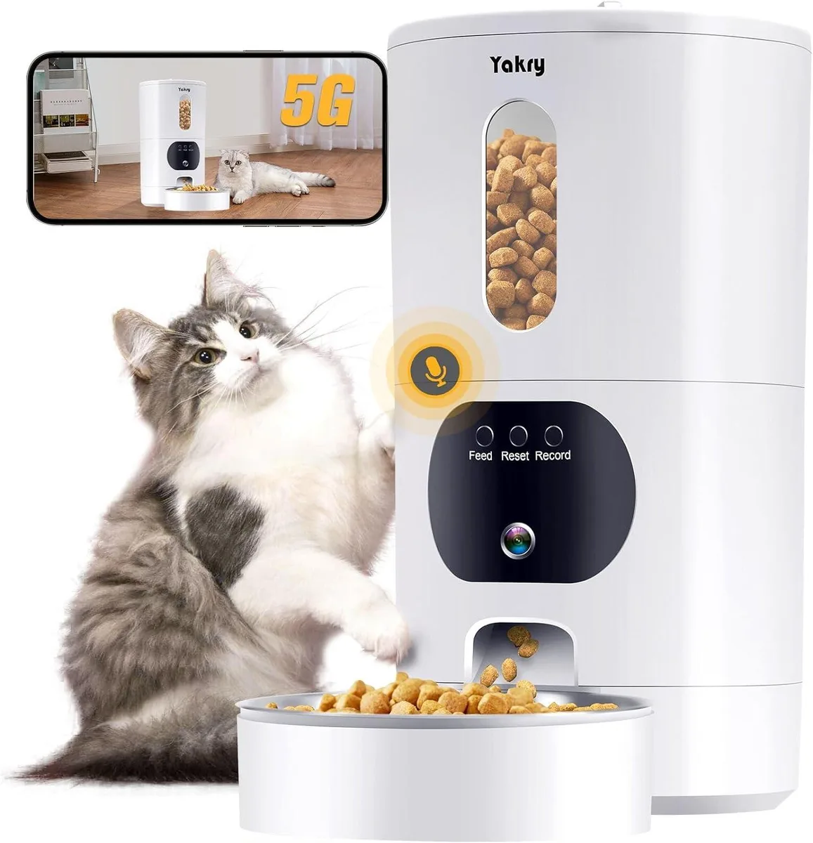 White cylindrical automatic pet feeder with front camera lens and top food hopper