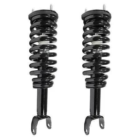 Two silver front strut assemblies with coil springs and top mounts