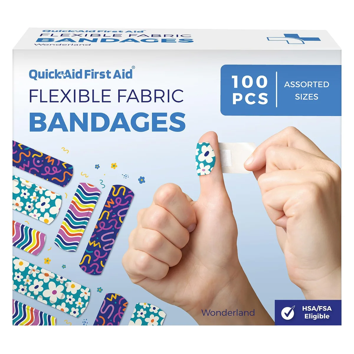 Cardboard box of 100 colourful adhesive bandages in assorted sizes