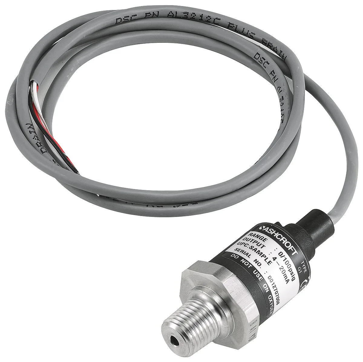 Compact cylindrical pressure transducer with cable leads and male NPT fitting