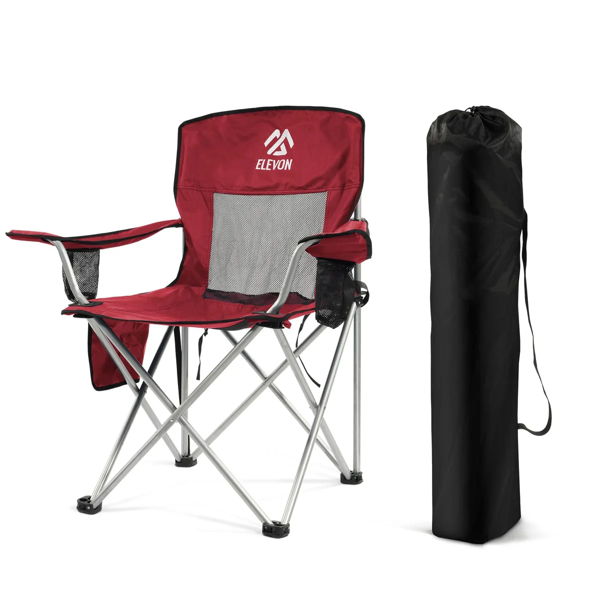 Burgundy foldable camping chair with mesh backrest, cup holders, side pocket, carry bag