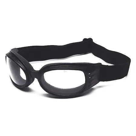 Black nylon aviator-style safety goggles with clear lenses and elastic headband