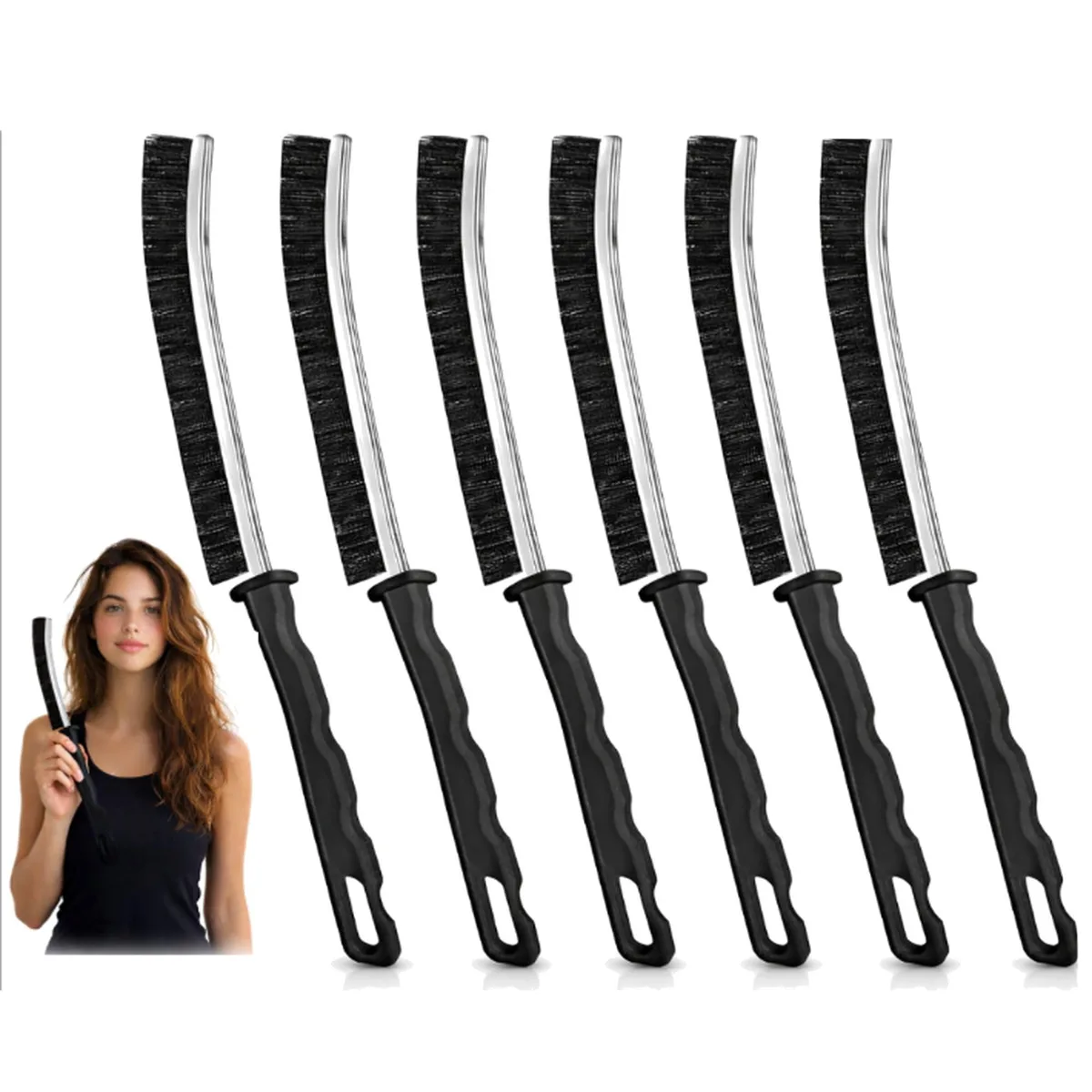 Six narrow crevice brushes with hard bristles and ergonomic handles