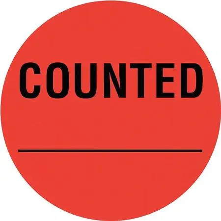 Roll of 1000 red circular paper labels printed with Counted