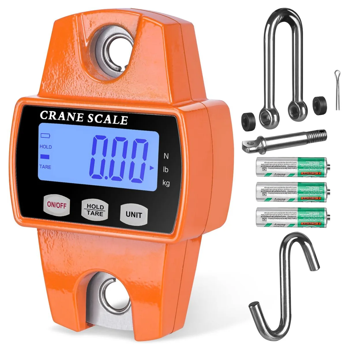 Orange digital hanging scale with cast aluminum case and hook