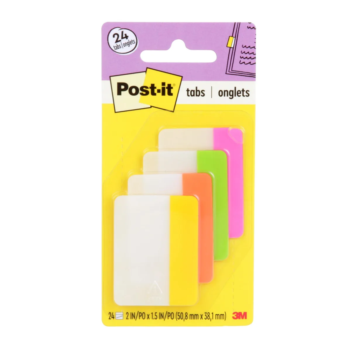 Four pads of small rectangular book tabs in pink lime orange and yellow inside a clear dispenser