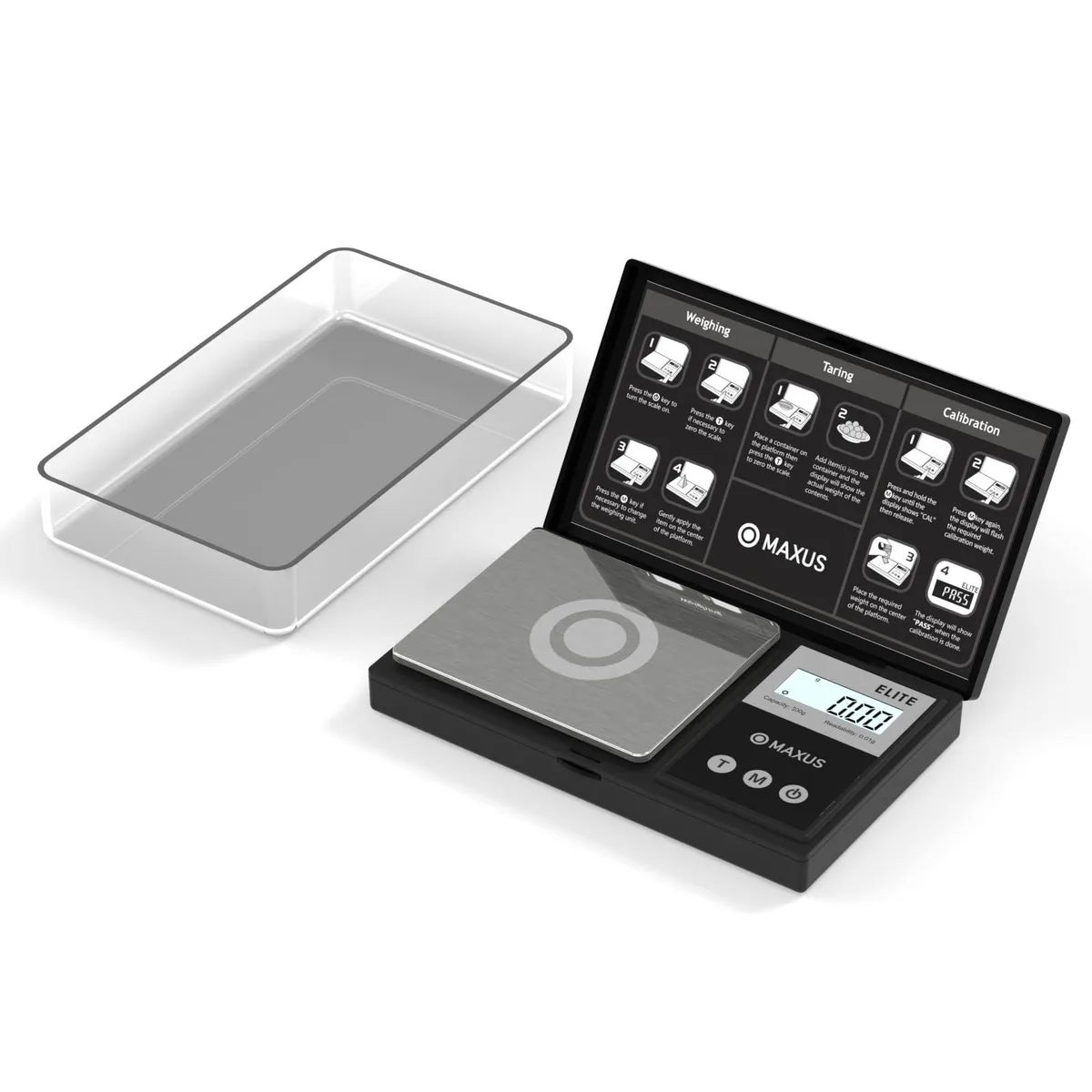 Two blue plastic pocket gram scales with stainless steel trays and backlit LCD displays