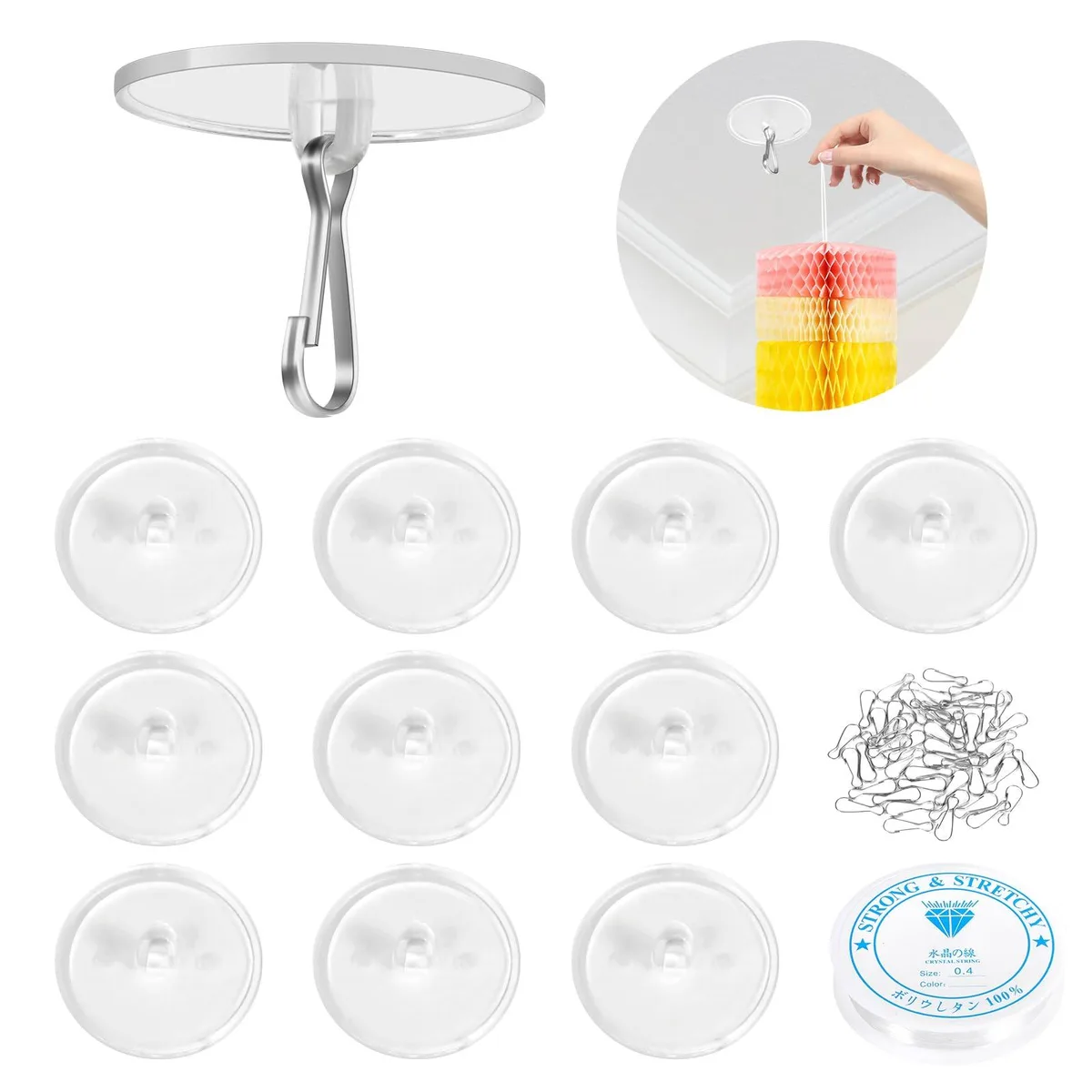 Ten transparent 1.4in adhesive discs with metal hooks and clear line